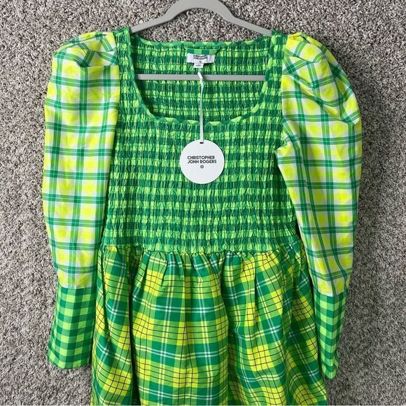 Christopher John Rogers Dress Women’s 6 Green Plaid Smocked Fit & Flare NWT - Picture 3 of 8